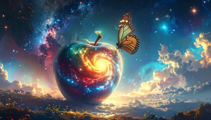Cosmic apple with butterfly, a surreal landscape
