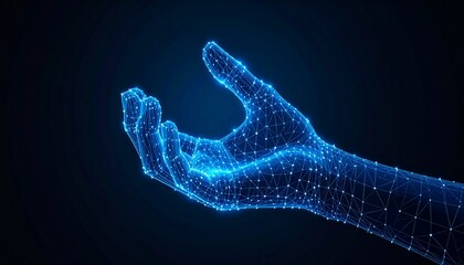 A digital hand reaching out, formed by glowing blue lines and dots on a dark background, symbolizes technology and connection. The hand shape signifies support and interaction