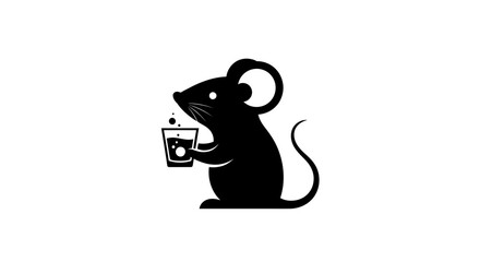 Simple black silhouette of a cute mouse drinking from a glass.