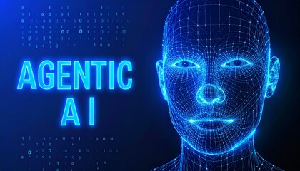 An eye-catching AI-themed composition with a digital human face and the words AGENTIC AI in bold letters. The blue lighting and futuristic design create a sense of technological innovation