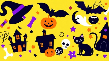 Fototapeta premium Whimsical halloween illustration with pumpkins bats cats and haunted houses