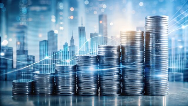 Photo of digital representation of financial growth with stacks of silver coins, city skyline, and glowing data charts, signifying economic progress and technology