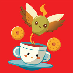 Cute baby bunny with an easter egg beside a cup of tea