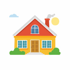 Illustration of a colorful cartoon house with red roof, yellow walls, and green bushes, on a sunny day