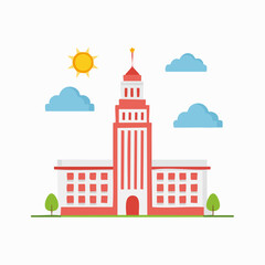 Flat design illustration of a modern city building with a tall tower, sun, clouds, and trees