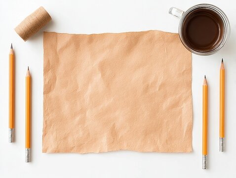 Crumpled brown paper sheet surrounded by pencils, a roll of tape, and a cup of coffee on a white surface