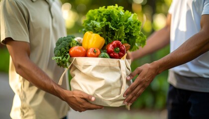 A person handing over a fresh produce bag full of healthy groceries. An act of kindness and fresh food delivery