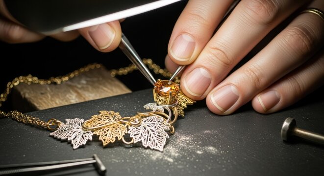 Photo of a closeup of a jeweler meticulously crafting an intricate gold necklace with gemstones in a workshop, highlighting the art of jewelry making and attention to detail. - Powered by Adobe