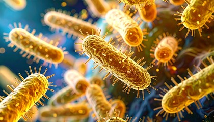 Fototapeta premium Microscopic world of bacteria, highlighting the intricate detail and potential threats. This image captures the beauty and complexity of unseen organisms