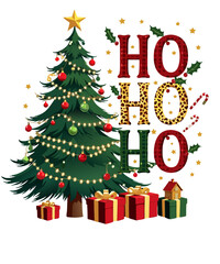 Naklejka premium Festive ho ho ho christmas tree with gifts and decorations isolated on transparent background