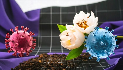Floating virus models near a bouquet of flowers