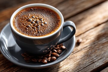 Fototapeta premium Quality coffee served in a gray cup on a wooden table with coffee beans