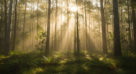 Obraz premium Sunlight through misty forest