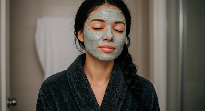 A woman with a face mask relaxes in a robe