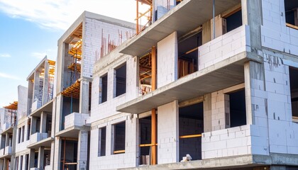Fototapeta premium Construction of a modern building in progress, showcasing concrete blocks and open windows against a clear sky. It represents growth and progress