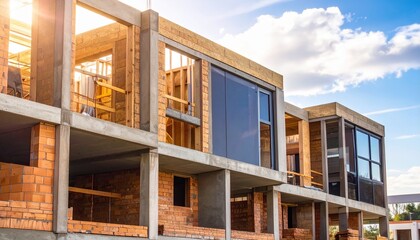 Construction of modern apartments under the bright sunlight. The building's concrete and brick framework suggests the ongoing transformation of the landscape.