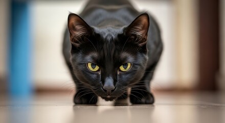Black cat indoors with intense gaze.