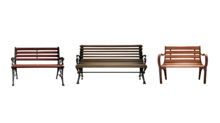 Three different wooden benches with metal frames are against a stark scene