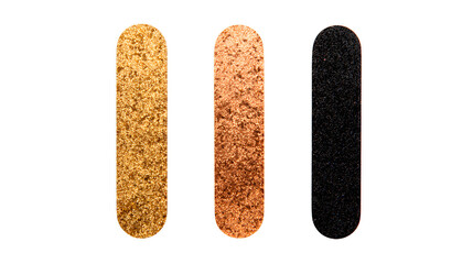 Three textured bars in gold copper and black tones against a create a modern design