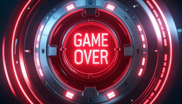 Game Over text message in a futuristic game interface. The text is placed in a red circle with a black background, with multiple red and white digital lines