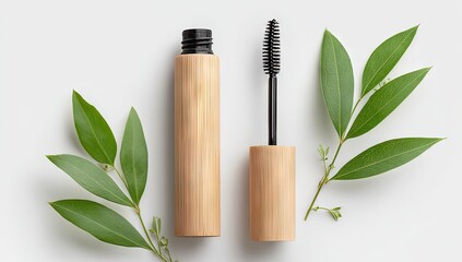 Natural organic mascara in a wooden bamboo tube with an applicator brush and green leaves on a clean white background.