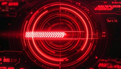 Intriguing futuristic digital interface in vibrant red with a circular design and a progress bar. The digital interface appears tech-oriented with lines, shapes, and a sleek look