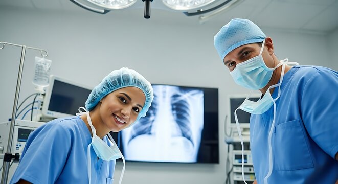 Smiling Surgeons in Operating Room, Focused on X-Ray Image.