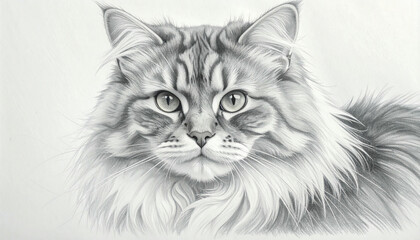 Detailed pencil drawing of a fluffy cat's face, showcasing its expressive eyes and intricate fur patterns.