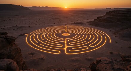Mystical illuminated labyrinth glowing with warm light in vast desert landscape at sunset, evoking adventure and profound journeys.