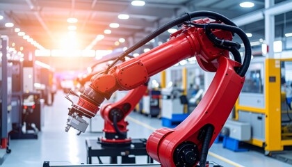 Fototapeta premium Robotic arms operate in an industrial plant setting, symbolizing automation and innovation in manufacturing