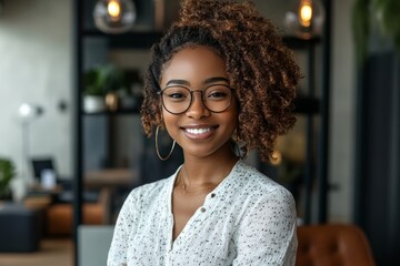 Confident young professional poses with a smile in a modern office environment, ready to take on new challenges and engage in professional endeavors, Generative AI