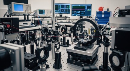 Engineering lab interior showcasing advanced optical interferometer apparatus used for metrology of highprecision mirrors.