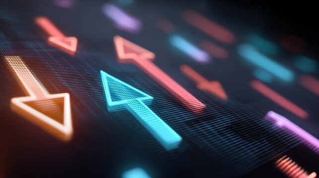Glowing arrow neon digital direction abstract technology finance dashboard luminous futuristic pattern movement data background modern blue red orange black light interface up down navigation