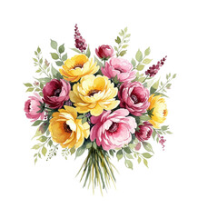 Watercolor Bouquet with Yellow and Pink Flowers Arrangement on Transparent Background