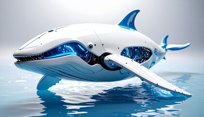 A futuristic robotic whale with blue and white color scheme, designed with a sleek and modern aesthetic