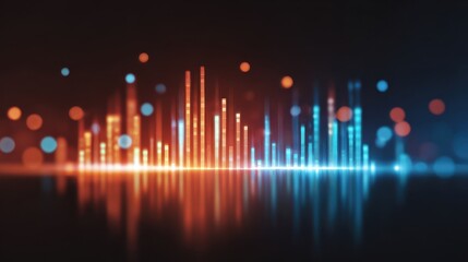 Futuristic luminous business analysis graph, glowing bar chart, abstract data visualization, blue and orange light, modern technology, digital finance, energetic mood