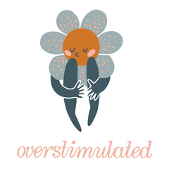 Overstimulated Flower Head Character Hugging Knees, Emotional and Introverted Concept Art, Quiet and Sensitive Mental Health Illustration