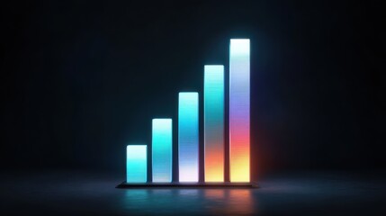 Glowing holographic bar graph futuristic data visualization digital chart blue neon light technology analytics business growth modern dark background vibrant