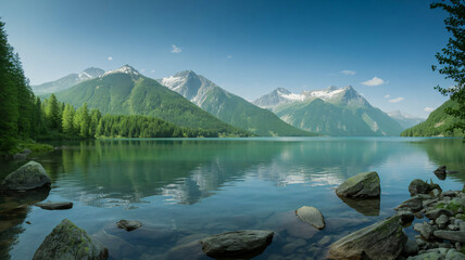 Scenic Mountain Lake Nature Landscape with Forest and Snow Peaks
