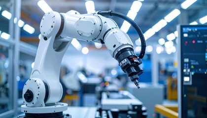 Fototapeta premium An advanced robotic arm operating in a modern industrial setting. The image captures the precision and technology of automation in manufacturing