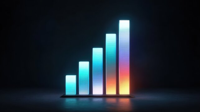 Glowing holographic bar graph futuristic data visualization digital chart blue neon light technology analytics business growth modern dark background vibrant