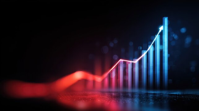 Rising bar chart glowing line graph financial data analysis futuristic digital screen business growth blue and red color abstract background success technology statistics - Powered by Adobe
