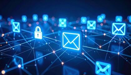 Digital network, email security concept, protecting mail communication. Digital network with glowing email and lock icons connected by lines.