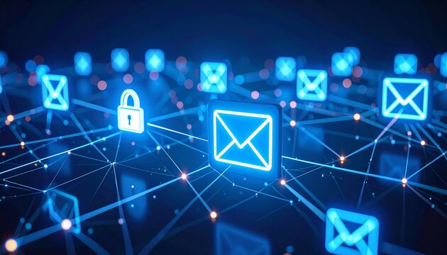 Digital network, email security concept, protecting mail communication. Digital network with glowing email and lock icons connected by lines. - Powered by Adobe