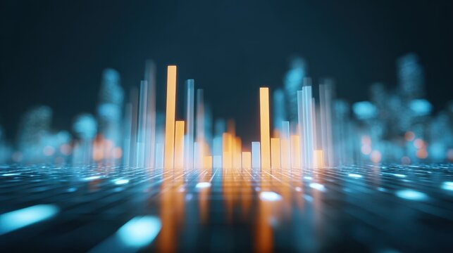 Futuristic holographic finance concept with glowing bar chart, digital data visualization, abstract cityscape background, and vibrant blue orange light, innovation and progress