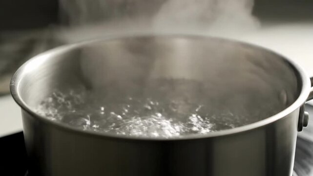 A steel pot with boiling water steam rising against an outoffocus background