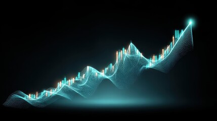 Futuristic glowing financial chart digital data visualization abstract blue line graph with luminous bars technology background upward trend modern analytics innovation progress