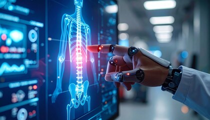 A robotic hand interacting with a digital display showing a human skeleton, representing advancements in healthcare and technology. The interface uses blue, red and white colors.