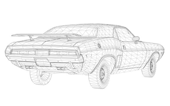 Fototapeta Car wireframe model on a white background, showcasing realistic 3D design and vintage automotive details.