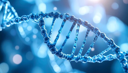 A close-up image of a DNA strand, showcasing the intricate double helix structure against a blurred, luminous background